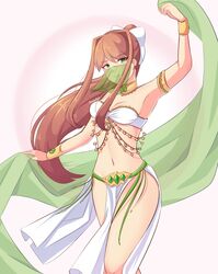  arabian_clothes armpits arms_up bare_shoulders belly_dancing breasts brown_hair cleavage commentary dancer dancing doki_doki_literature_club earrings english_commentary female green_eyes highres jewelry loincloth long_hair looking_at_viewer midriff monika_(doki_doki_literature_club) mouth_veil navel pelvic_curtain ponytail raion_(raionart) smile solo stomach veil very_long_hair 