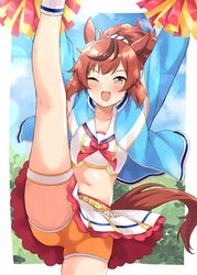  alternate_hairstyle animal_ears arms_up belt brown_eyes cheerleader commentary_request dekosuke female highres horse_ears horse_girl horse_tail leg_up navel nice_nature_(run&amp;win)_(umamusume) nice_nature_(umamusume) one_eye_closed pom_pom_(cheerleading) ponytail red_hair shorts solo tail umamusume 