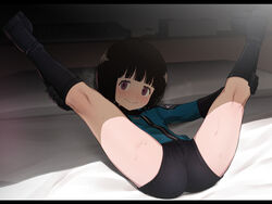  :&gt; amatori_chika ass bike_shorts black_hair blush bob_cut boots brown_eyes cameltoe crotch_seam female gloves groin indoors knee_boots kneepits legs_up letterboxed lying mikumo_squad&#039;s_uniform namidate on_back on_bed short_hair shorts solo spread_legs sweat v_legs visible_air world_trigger 