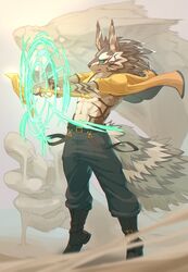  2021 abs anthro biri canid canine canis clothed clothing countershading digital_media_(artwork) fur green_eyes hi_res jackal lifewonders male mammal muscular muscular_anthro muscular_male piercing seth_(tas) solo tokyo_afterschool_summoners 