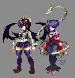  2girls asymmetrical_hair black_background black_collar black_dress black_hair black_skirt blue_skin breasts collar collared_shirt colored_skin commentary corset detached_collar dress english_commentary filia_(skullgirls) futakuchi-onna goth_fashion hair_over_one_eye highres large_breasts leviathan_(skullgirls) living_hair long_hair midriff multiple_girls necktie no_shoes object_through_head pet prehensile_hair samson_(skullgirls) school_uniform shirt skirt skull skullgirls smile squigly_(skullgirls) stitched_mouth stitches striped_sleeves tail the_golden_smurf thick_thighs thighhighs thighs upper_body yellow_eyes zombie 