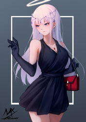  angel angel_girl_(shimmer) artist_name bag black_dress black_gloves blue_eyes breasts cleavage closed_mouth commentary dress elbow_gloves female gloves grey_background halo highres looking_away looking_to_the_side medium_breasts original shimmer shoulder_bag signature sleeveless sleeveless_dress solo symbol-only_commentary white_hair 