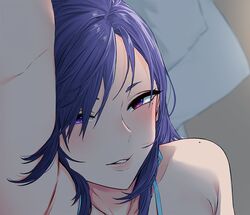  arm_up blue_bra blush bra bra_strap female goshiki_suzu lips long_hair looking_at_viewer lying mole mole_under_eye on_side original parted_lips portrait purple_eyes purple_hair smile solo tokiwa_nao underwear 