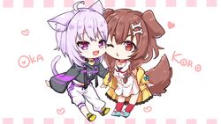  2girls :3 :d ahoge animal_ears belt_collar bone_hair_ornament braid brown_hair cat_ears cat_girl cat_tail character_name cheek-to-cheek chibi choker coat collar collared_dress commentary_request dog_ears dog_girl dog_tail dress full_body hair_between_eyes hair_ornament heads_together hololive hood hooded_coat hooded_sweater inugami_korone inugami_korone_(1st_costume) kneehighs kuze_matsuri leaning_forward long_hair long_sleeves looking_at_another looking_at_viewer midriff multiple_girls nekomata_okayu nekomata_okayu_(1st_costume) one_eye_closed open_mouth pants parted_lips purple_eyes purple_hair red_eyes red_socks shoes short_hair sidelocks simple_background smile sneakers socks standing sweater tail twin_braids virtual_youtuber white_background white_dress white_pants yellow_coat 