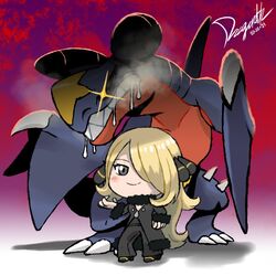  blonde_hair blush breasts chibi commentary cynthia_(pokemon) dated dragonith english_commentary female full_body garchomp glint grey_eyes hair_ornament hair_over_one_eye heavy_breathing long_hair looking_at_viewer pokemon pokemon_(creature) pokemon_bdsp saliva shadow signature smile standing very_long_hair 