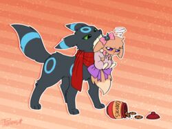  4:3 angry black_body black_fur blue_markings brown_body brown_fur canid clothing container cookie daughter_(lore) daww duo eevee eeveelution father_(lore) father_and_child_(lore) father_and_daughter_(lore) female feral food fur generation_1_pokemon generation_2_pokemon gracie_(sweetcupcake) green_eyes heterochromia hi_res jar kurai_(kuraibre) male mammal markings nintendo onesie parent_(lore) parent_and_child_(lore) parent_and_daughter_(lore) pokemon pokemon_(species) pouting pukopop ribbons scarf shiny_pokemon tail umbreon 