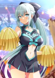  bare_shoulders black_bow black_dress blue_eyes blush bow braid breasts cheerleader cleavage_cutout clothing_cutout collarbone dress fate/grand_order fate_(series) female grey_hair hairbow half_up_braid highres holding holding_pom_poms large_breasts long_hair looking_at_viewer morgan_le_fay_(fate) navel navel_cutout pleated_dress pom_pom_(cheerleading) ponytail shimouki_izui sidelocks solo thighs very_long_hair 