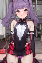  airport96 alice_gear_aegis armor ass_visible_through_thighs bare_shoulders black_gloves black_leotard blunt_bangs blurry blurry_background breasts covered_navel elbow_gloves female flat_chest gloves highres ichijou_ayaka leotard long_hair looking_at_viewer panties purple_eyes purple_hair purple_panties sidelocks smile solo standing twintails underwear 