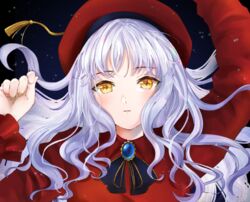  arms_up beret blush breasts brooch caren_hortensia caren_hortensia_(amor_caren) caren_hortensia_(amor_caren)_(second_ascension) closed_mouth dress expressionless fate/grand_order fate_(series) female hat jewelry long_hair long_sleeves looking_at_viewer medium_breasts neck_ribbon parted_lips red_dress red_headwear ribbon tsuribori upper_body wavy_hair white_hair yellow_eyes 