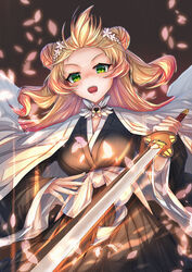  bell black_kimono bleach blonde_hair breasts dincat double_bun female fingernails flower green_eyes hair_bun hair_flower hair_ornament haori holding holding_sword holding_weapon hololive japanese_clothes katana kimono long_hair medium_breasts momosuzu_nene neck_bell obi peach_ornament petals sash shihakusho solo sword taichou_haori two_side_up virtual_youtuber weapon zanpakutou 