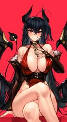  :q absurdres ahoge alternate_costume azur_lane bare_shoulders black_hair blush breasts casul chains cleavage collar collarbone commentary crossed_bangs crossed_legs demon_girl demon_horns demon_wings dress english_commentary female hair_between_eyes highres horns large_breasts long_hair looking_at_viewer one_side_up red_background red_dress red_eyes sidelocks sitting smile solo taihou_(azur_lane) tongue tongue_out wings 