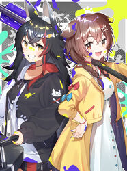  2girls absurdres animal_ears black_hair bone_hair_ornament bow braid breasts brown_eyes brown_hair choker coat collarbone crossed_bangs dog_ears dog_girl dress furuki_ayaginutaira hair_ornament hairclip hand_on_own_hip highres holding hololive hood hoodie inugami_korone inugami_korone_(1st_costume) long_hair long_sleeves looking_at_viewer looking_to_the_side medium_breasts medium_hair multiple_girls nintendo oerba_yun_fang official_alternate_costume ookami_mio ookami_mio_(casual) open_mouth paint_splatter sidelocks skin_fang smile splatoon_(series) standing teeth tongue upper_body virtual_youtuber white_dress wolf_ears wolf_girl yellow_coat 