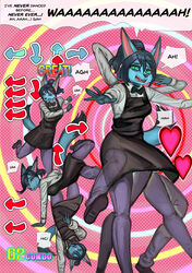  2000s_theme 2023 accuracy_judgement anthro bemani black_clothing black_dress black_hair blue_body blue_fur bodily_fluids bow_tie canid canine canis circle_background clothing combo corablue_(character) crying dance_dance_revolution dancing dialogue digital_media_(artwork) dress english_text female fur gameplay_mechanics general-irrelevant green_eyes hair heart_symbol hi_res jackal konami looking_at_viewer mammal on_one_leg open_mouth rhythm_game solo standing tail tears text y2k_(graphic_design) 