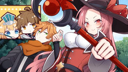  &gt;:) 2boys 2girls :&lt; antenna_hair beni_shake black_headwear black_jacket blonde_hair blue_eyes blush bow breasts brown_eyes brown_hair brown_scarf chibi cleo_(king&#039;s_raid) closed_mouth commentary_request day forehead frey_(king&#039;s_raid) green_eyes hat hat_bow headpiece holding holding_staff jacket kasel_(king&#039;s_raid) king&#039;s_raid long_sleeves medium_breasts multiple_boys multiple_girls orb outdoors parted_bangs parted_lips pink_hair red_bow red_eyes roi_(king&#039;s_raid) scar scar_across_eye scar_on_face scarf shirt smile staff sword triangle_mouth v-shaped_eyebrows weapon white_shirt wide_sleeves witch_hat 