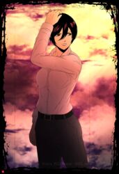  belt black_eyes black_hair black_pants breasts chris_re5 collared_shirt commentary_request cowboy_shot female hair_between_eyes medium_breasts mikasa_ackerman pants shingeki_no_kyojin shirt short_hair signature solo twitter_username white_shirt 