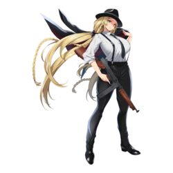  black_bow black_hat black_jacket black_necktie black_pants blonde_hair bow braid breasts closed_mouth collared_shirt fedora female full_body gangster green_eyes gun hairbow hat highres holding holding_clothes holding_gun holding_jacket holding_weapon huge_breasts jacket kloah last_origin legs_apart lips long_hair looking_at_viewer necktie nymph_(last_origin) official_alternate_costume official_art oxfords pants pinstripe_jacket pinstripe_pants pinstripe_pattern shirt simple_background sleeves_rolled_up smile solo standing striped submachine_gun suspenders tachi-e taut_clothes taut_shirt third-party_source thompson_submachine_gun transparent_background unworn_jacket weapon white_shirt 