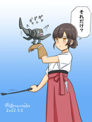  aircraft airplane blue_background blunt_bangs braid brown_eyes brown_hair commentary_request double_bun dougi female geru gradient_background hair_bun hakama hakama_skirt japanese_clothes kantai_collection long_hair one-hour_drawing_challenge red_hakama riding_crop skirt solo twin_braids un&#039;you_(kancolle) yawata_maru_(kancolle) 