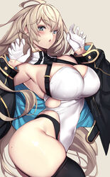  ahoge black_coat black_thighhighs blonde_hair blue_eyes blush breasts clothing_cutout coat covered_navel detached_collar female gloves hair_between_eyes half_gloves hands_up highres large_breasts leotard long_hair long_sleeves looking_at_viewer mole mole_on_ass mole_under_eye open_clothes open_coat open_mouth original simple_background skindentation solo strapless strapless_leotard suspenders thick_thighs thighhighs thighs untue white_gloves white_leotard 