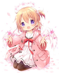  :d blush bow brown_hair brown_pantyhose commentary_request dress feathered_wings female flower full_body gochuumon_wa_usagi_desu_ka? hair_between_eyes hair_flower hair_ornament halo hood hood_down hooded_jacket hoto_cocoa jacket long_sleeves looking_at_viewer nanase_miori one_side_up open_clothes open_jacket pantyhose petals pink_flower pink_jacket pleated_dress purple_eyes purple_flower red_bow sailor_collar sailor_dress sleeves_past_wrists smile solo white_background white_dress white_sailor_collar white_wings wide_sleeves wings 