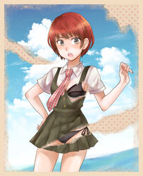  :o black_bra black_panties blue_sky border bra brown_eyes cloud commentary cowboy_shot danganronpa_(series) danganronpa_2:_goodbye_despair day dress dress_shirt female freckles furrowed_brow green_dress hand_on_own_hip koizumi_mahiru looking_at_viewer necktie ocean open_mouth page_tear panties pinafore_dress plaid_necktie pleated_dress polka_dot polka_dot_bra polka_dot_panties red_hair red_necktie revealing_layer sazanami_(saza73) school_uniform shirt short_hair short_sleeves side-tie_panties sky sleeveless sleeveless_dress solo swimsuit tan_background teeth texture underwear upper_teeth_only white_necktie white_shirt 