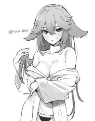  animal_ears bare_shoulders blush breasts cleavage commentary_request female fox_ears genshin_impact greyscale hair_between_eyes long_hair long_sleeves looking_at_viewer medium_breasts monochrome panties parted_lips simple_background solo togi9999 twitter_username underwear very_long_hair wide_sleeves yae_miko 