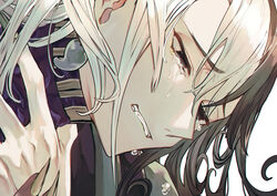  1boy absurdres albino_(a1b1n0623) ashiya_douman_(fate) asymmetrical_hair bad_id bad_pixiv_id bell black_hair clenched_hand clenched_teeth close-up collar commentary_request crying curly_hair earrings fangs fate/grand_order fate_(series) fingernails green_kimono grimace hair_bell hair_between_eyes hair_intakes hair_ornament hand_on_own_neck highres japanese_clothes jewelry jitome kimono long_hair magatama magatama_earrings male_focus multicolored_hair pale_skin purple_collar sad sharp_fingernails simple_background sobbing teeth two-tone_hair very_long_fingernails very_long_hair white_background white_hair 