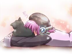  animal animal_hug beret black_cat black_hat black_sleeves blush cat_on_person cropped_torso eichi1219 feline female hand_on_hand hat long_sleeves lying medium_hair on_stomach purple_hair purple_shirt robot_ears shirt short_hair simple_background sleeves_past_wrists solo translated two-tone_shirt upper_body utane_uta utau 