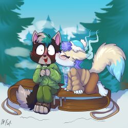  akita akita_inu ambiguous_gender anthro border_collie canid canine canis collie domestic_dog duo emily_(peach_embers) eyewear fox fuf glasses herding_dog hi_res kissing kissing_cheek lloxie_(character) mammal mixed_breed nonbinary_(lore) pastoral_dog phasefox scarf sheepdog sled snow spitz startled trans_(lore) winter_clothing winter_coat 