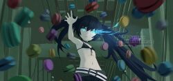  32zzz artist_logo black_bra black_hair black_rock_shooter black_rock_shooter_(character) blue_eyes bra female flaming_eye flat_chest food from_behind highres logo long_hair macaron pale_skin solo twintails underwear uneven_twintails watermark 