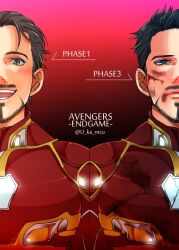  1boy arc_reactor armor artist_name avengers:_endgame avengers_(series) black_eyes black_hair blood blood_on_face closed_mouth commentary_request copyright_name dual_persona english_text facial_hair gradient_background injury iron_man looking_at_viewer marvel marvel_cinematic_universe open_mouth power_armor red_armor red_background short_hair simple_background smile superhero_costume teeth the_avengers_(2012) tony_stark u-ka_(fukei) upper_body 