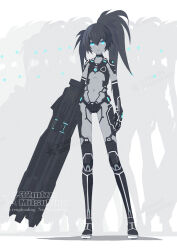  32zzz alternate_costume aqua_eyes artist_logo black_hair black_rock_shooter black_rock_shooter_(character) english_text flat_chest full_body hair_between_eyes highres holding_cannon huge_weapon logo long_hair mechabare mechanical_arms navel sidelocks twintails uneven_twintails watermark weapon 