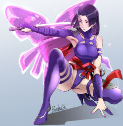  animification bare_shoulders blue_leotard breasts butcha-u elbow_gloves female gloves highleg highleg_leotard highres holding holding_sword holding_weapon large_breasts leotard long_hair looking_at_viewer marvel marvel_rivals psylocke purple_eyes purple_hair sash solo superhero_costume sword thighhighs weapon x-men 