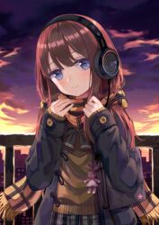  bad_id bad_pixiv_id bag_charm black_coat blue_eyes blush briefcase brown_hair brown_scarf brown_sweater charm_(object) closed_mouth cloud coat commentary english_commentary female fringe_trim grey_skirt hands_up head_tilt headphones highres long_hair open_clothes open_coat original outdoors plaid plaid_scarf plaid_skirt pleated_skirt scarf school_briefcase school_uniform seero skirt sky sleeves_past_wrists smile solo stuffed_animal stuffed_rabbit stuffed_toy sunset sweater upper_body 