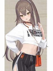  bag black_skirt blush brown_hair casual character_name choker commentary_request cowboy_shot female girls&#039;_frontline hair_between_eyes hand_on_own_hip handbag headphones headphones_around_neck highres long_hair long_sleeves looking_at_viewer midriff navel official_alternate_costume one_side_up open_mouth scar scar_across_eye shirt skirt smile solo striped_clothes striped_skirt ump45_(corona_sunset)_(girls&#039;_frontline) ump45_(girls&#039;_frontline) vii22581034 white_shirt yellow_eyes 