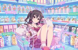  alternate_costume alternate_hairstyle artist_request belt_boots boots box brown_eyes brown_hair candy candy_store charm_(object) chocolate chocolate_bar choker coat cookie dress earrings feet_out_of_frame female food gift gift_box hair_between_eyes head_tilt idolmaster idolmaster_cinderella_girls in_container in_shopping_cart indoors jacket jar jewelry knees_up lollipop long_hair long_sleeves looking_at_viewer mole mole_under_eye nail_polish off_shoulder official_art open_clothes open_coat pink_dress pink_footwear pink_nails plaid plaid_dress pom_pom_(clothes) pom_pom_earrings reclining ring shelf shop shopping_cart short_dress sleeveless sleeveless_dress smile solo sunazuka_akira two_side_up white_coat wrapped_candy 