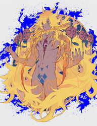  1boy abs blonde_hair closed_mouth completely_nude dark-skinned_male dark_skin demon demon_boy fate/grand_order fate_(series) full-body_tattoo goetia_(fate) highres long_hair looking_to_the_side male_focus mature_male monster_boy multicolored_eyes nipples no_penis nude pectorals shaliva simple_background solo tattoo topless_male upper_body very_long_hair 