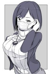  absurdres adjusting_hair blazer blue_hair blush breasts commentary_request female hand_on_own_chest highres jacket jewelry large_breasts looking_at_viewer mask monochrome mouth_mask nijisanji pendant shizuka_rin short_hair solo surgical_mask sweater taketatetakeya turtleneck turtleneck_sweater virtual_youtuber 