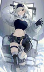  absurdres animal_ears arknights asymmetrical_bangs aurora_(arknights) aurora_(elite_ii)_(arknights) bear_ears black_gloves blue_eyes breasts crop_top female gloves hair_over_one_eye hairband highres kiokoii knee_pads large_breasts long_bangs long_hair midriff navel shield short_shorts shorts shrug_(clothing) snow_boots white_hair 