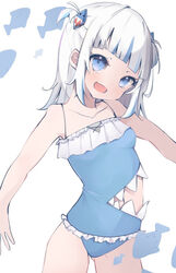  :o adapted_costume bad_id bad_pixiv_id bare_arms bare_shoulders blue_eyes blue_hair blue_one-piece_swimsuit blunt_bangs clothing_cutout cowboy_shot female frilled_one-piece_swimsuit frills gawr_gura gawr_gura_(1st_costume) grey_hair hair_ornament hololive hololive_english light_blush looking_at_viewer medium_hair midriff_peek multicolored_hair navel no_tail oerba_yun_fang one-piece_swimsuit open_mouth outstretched_arms shark_hair_ornament sharkini side_cutout simple_background skin_fang sleeveless solo stomach_cutout streaked_hair swimsuit tail two_side_up uica virtual_youtuber 