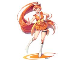  boots bow crunchyroll garter hime_(crunchyroll) japanese_clothes junkpuyo kneehighs long_hair orange_eyes orange_hair ponytail watermark white yukata 