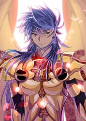  1boy absurdres armor blue_hair breastplate dark-skinned_male dark_blue_hair dark_skin earrings fate/grand_order fate_(series) glowing_armor golden_wings gradient_hair highres jewelry long_hair looking_to_the_side male_focus multicolored_hair onasu_(sawagani) petals purple_hair red_eyes romulus_quirinus_(fate) solo upper_body very_long_hair wings 