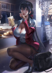  ahoge azur_lane bag bakery black_bag black_bow black_bowtie black_footwear black_skirt bow bowtie breasts brown_pantyhose bubble_tea cleavage collared_shirt crossed_bangs cup disposable_cup drink drinking_straw female highres holding holding_cup holding_drink huge_ahoge indoors jacket large_breasts lips long_hair looking_at_viewer loose_bowtie miniskirt nose off_shoulder official_alternate_costume open_clothes open_jacket pantyhose partially_unbuttoned pleated_skirt realistic red_eyes red_jacket round_eyewear school_bag shirt shirt_tucked_in shoes shop skirt solo taihou_(azur_lane) taihou_(sweet_time_after_school)_(azur_lane) taut_clothes taut_shirt thighband_pantyhose tree uniform very_long_hair white_shirt xixi_(xixihenlan_ing) 