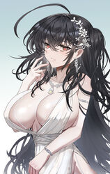  absurdres azur_lane backless_dress backless_outfit black_hair blue_background breasts center_opening cleavage cocktail_dress dress earrings evening_gown female gradient_background hair_between_eyes hair_ornament hair_strand highres huge_breasts jewelry kongbai_huanxiang looking_at_viewer necklace official_alternate_costume plunging_neckline red_eyes sleeveless sleeveless_dress solo taihou_(azur_lane) taihou_(temptation_on_the_sea_breeze)_(azur_lane) white_dress 