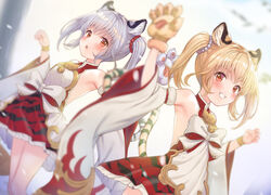  2girls animal_ears animal_hands bad_id bad_twitter_id bai_(granblue_fantasy) bare_shoulders bell blonde_hair blush claw_pose detached_sleeves dress erune fubuki_rinne gloves granblue_fantasy grey_hair hair_bobbles hair_ornament highres huang_(granblue_fantasy) inactive_account jingle_bell looking_at_viewer multiple_girls outdoors paw_gloves red_eyes siblings sleeveless sleeveless_dress smile tail teeth tiger_ears tiger_girl tiger_paws tiger_tail twins twintails wide_sleeves 