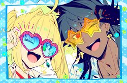  1boy :d alternate_costume aqua_background blonde_hair blue_hair blue_shirt close-up dark_blue_hair earrings fate/grand_order fate_(series) female floral_print green_eyes hawaiian_shirt jewelry koshiro_itsuki long_hair nero_claudius_(fate) nero_claudius_(fate/extra) one_eye_closed open_clothes open_mouth open_shirt print_shirt protected_link romulus_quirinus_(fate) shirt smile summer sunglasses twintails upper_body 