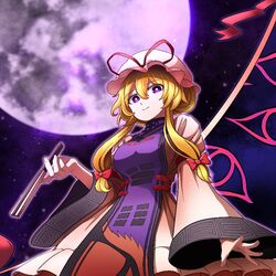  blonde_hair bow breasts closed_mouth dress female from_below gap_(touhou) hair_between_eyes hairbow hand_fan hand_up hat hat_bow holding holding_fan holding_umbrella hoshii_1213 long_sleeves looking_at_viewer medium_breasts mob_cap moon night night_sky pink_dress pink_sleeves purple_eyes purple_moon purple_sky purple_vest red_bow short_hair short_hair_with_long_locks sky smile solo touhou umbrella vest white_hat wide_sleeves yakumo_yukari 