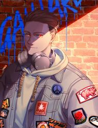  1boy blonde_hair brown_eyes brown_hair glowing glowing_eyes headphones headphones_around_neck highres hood hood_down hoodie jacket male_focus o3tofu open_clothes open_jacket pig_print porco_galliard shingeki_no_kyojin short_hair solo upper_body white_hoodie 