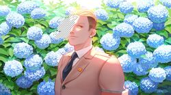  1boy black_necktie blonde_hair blue_flower brown_eyes brown_hair collared_shirt floral_background flower highres hydrangea male_focus marley_military_uniform necktie o3tofu pectorals porco_galliard shingeki_no_kyojin shirt short_hair sideburns solo spoilers symbolism undershirt upper_body 