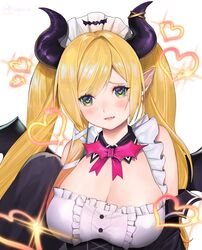  absurdres black_horns blonde_hair breasts cleavage demon_girl demon_horns demon_wings female green_eyes highres hololive horn_ornament horn_ring horns large_breasts long_hair maid_headdress najjo oerba_yun_fang official_alternate_costume official_alternate_hairstyle open_mouth pointy_ears single_sidelock solo swept_bangs twintails two_side_up virtual_youtuber white_background wings yuzuki_choco yuzuki_choco_(maid) 