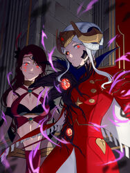  2girls absurdres alternate_costume alternate_eye_color androgynous aura black_sclera blush breasts brown_hair cape colored_sclera commentary corruption curvy dancer dark_persona dorothea_arnault dorothea_arnault_(plegian) edelgard_von_hresvelg_(hegemon_husk) english_commentary evil_smile fire_emblem fire_emblem:_three_houses fire_emblem_heroes grima_(fire_emblem) hair_ornament highres horns large_breasts long_hair long_sleeves looking_at_viewer monster monster_girl multiple_girls open_mouth possessed red_eyes sabergoetia simple_background smile upper_body white_hair 